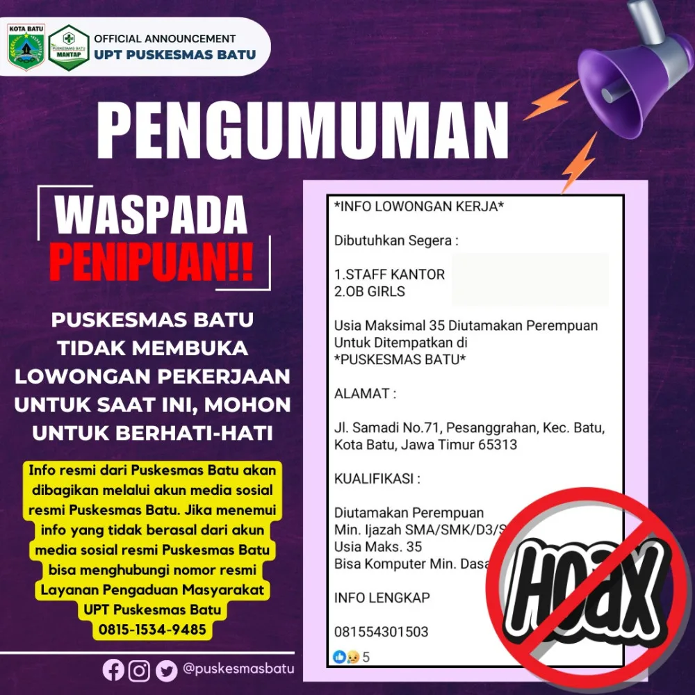 Waspada Penipuan! Lowongan Kerja Mengatasnamakan Puskesmas Batu